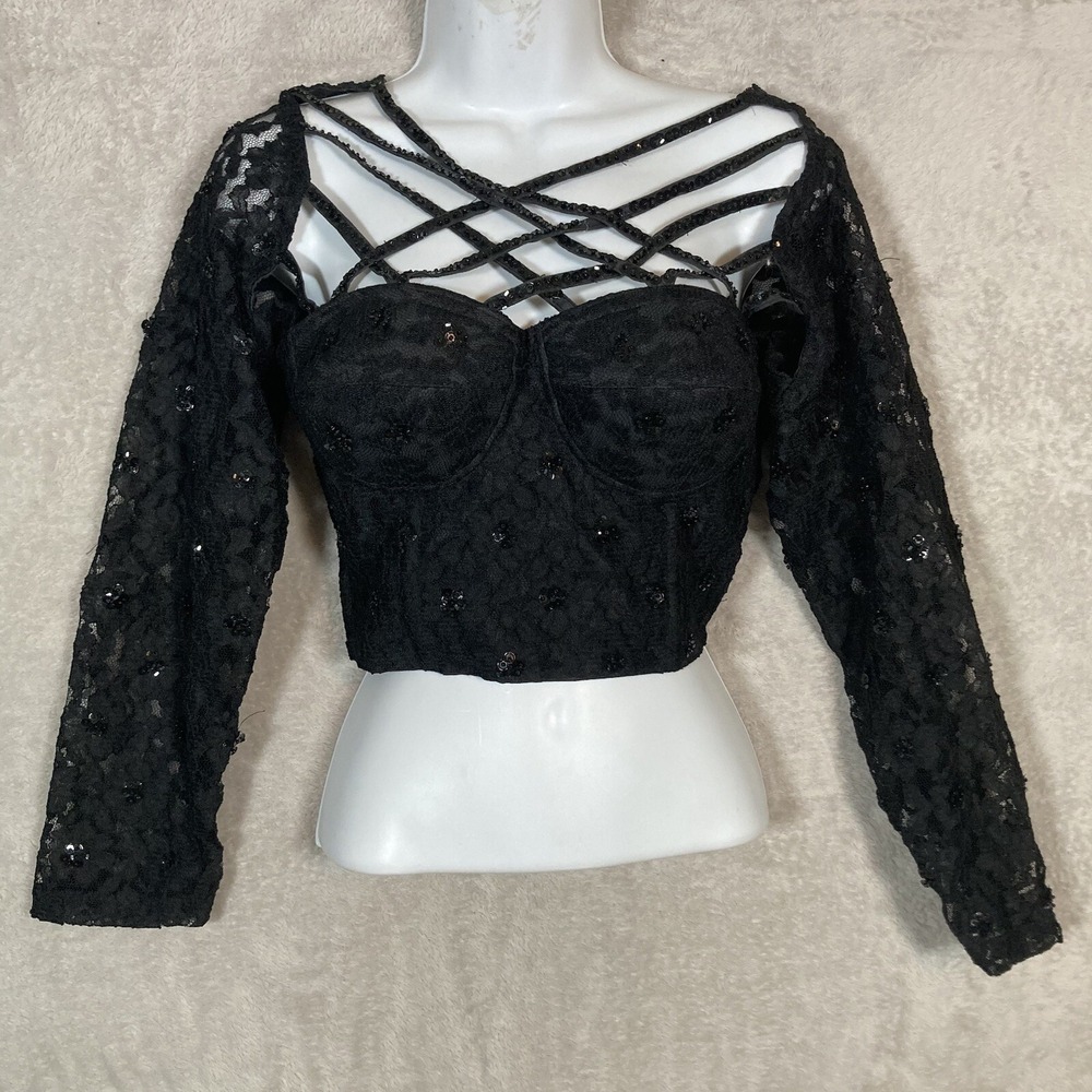 Fredericks of Hollywood Lace Crop Top Women L Black Cage Strappy Sequin Goth NEW
